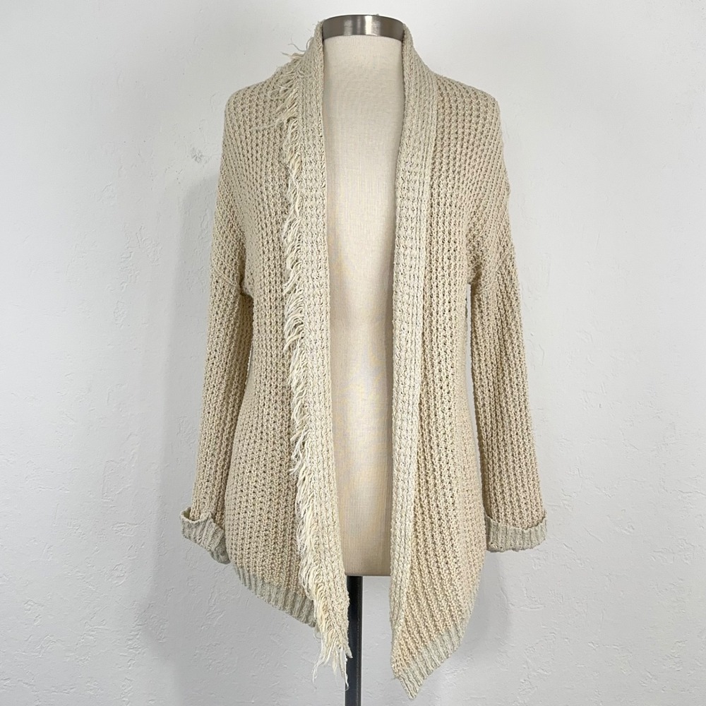 Free People Slouchy Cozy Open Front Cardigan Size XS Oatmeal Fringe Knit Heavy